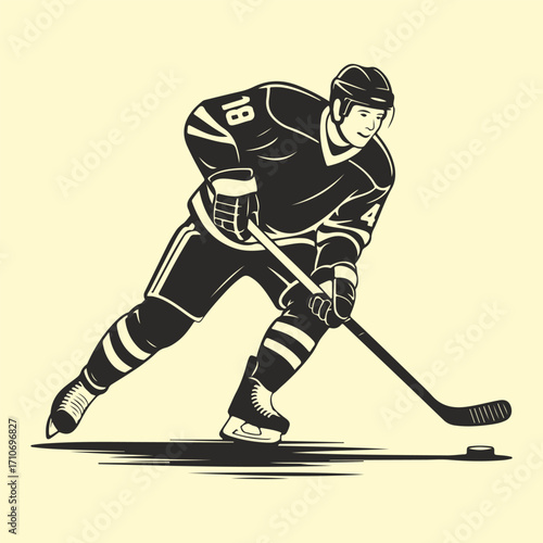 Ice Hockey Player Action Illustration - Vintage Style
