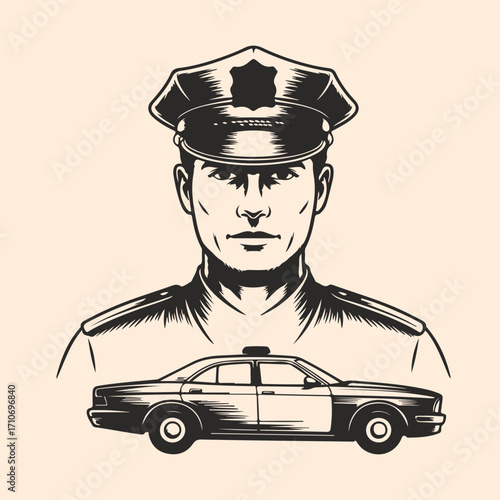Professional Police Officer and Patrol Car Illustration