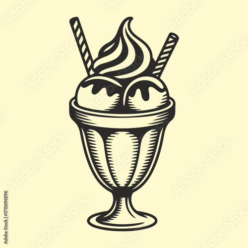 Black and white illustration of a delicious ice cream sundae with wafers