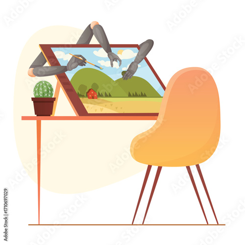 Art generated by artificial intelligence vector illustration. Cartoon arms of robot with brush drawing image on tablet screen, AI automated work instead of human artist to generate digital content