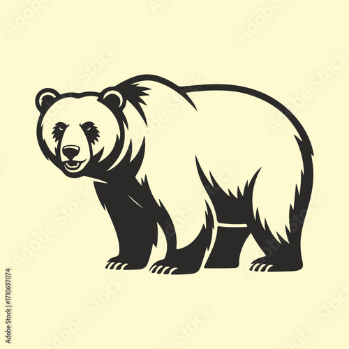 Powerful standing grizzly bear mascot in a bold monochrome vector style, isolated wild animal icon