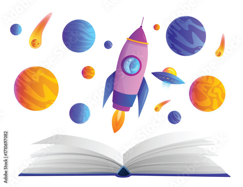 Cartoon rocket spaceship, stars and planets of universe flying over interesting books pages. Open magic book with fantasy outer space, education, science and reading concept vector illustration