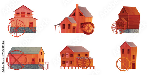 Water mills set vector illustration. Cartoon isolated Dutch vintage houses with waterwheel, old constructions to grind grain into flour for bakery using energy of falling river water, wooden buildings