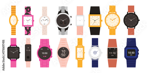 Wrist watch set vector illustration. Cartoon isolated fashion wristwatch collection with expensive luxury gold clock, classic female and male mechanical accessory, smartwatch with digital display