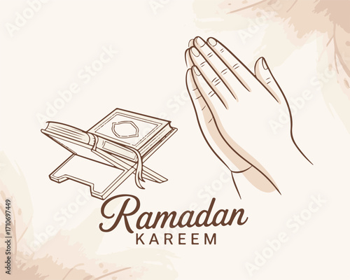 Ramadan Kareem Prayer Hands and Quran Illustration for Islamic Holy Month Greetings