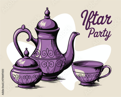 Iftar Gathering Vector Illustration with Teapot, Sugar Bowl, and Cup for Ramadan Feast