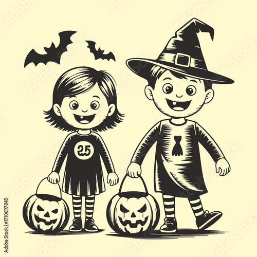Cute witch and boy with pumpkins and bats, illustration for Halloween