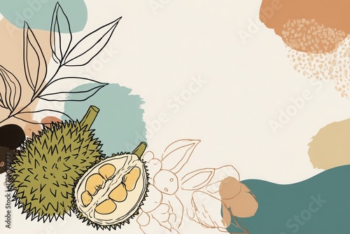 Colorful illustration featuring durian fruits with abstract shapes and botanical elements in background
