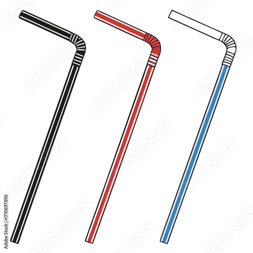 Collection of colorful bendy drinking straws for beverages and drinks in black red and blue illustration