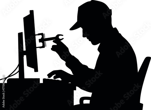 It technician fixing computer silhouette banner design