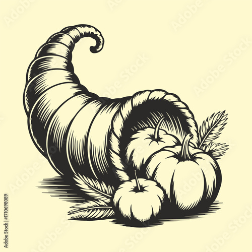 Cornucopia illustration filled with pumpkins and autumn leaves, a symbol of abundance and harvest