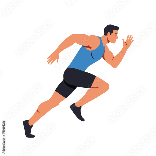 A determined male athlete in a blue tank top and black shorts is depicted mid-stride, showcasing speed and agility in this vibrant vector illustration.