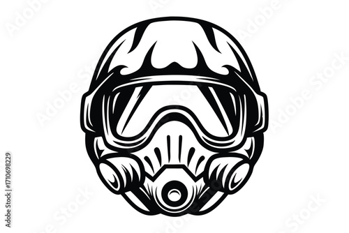 illustration shows a front view of a fictional trooper helmet with dark accents