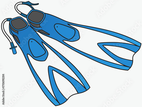 Pair of blue and white swim fins for snorkeling and scuba diving adventure equipment for underwater exploration and summer water sports fun