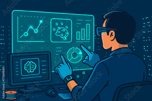 Data scientist or engineer analyzing AI and machine learning data on a futuristic digital screen.