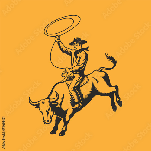 Rodeo Rider Cowboy Taming a Bull with Lasso in a Wild West Scene