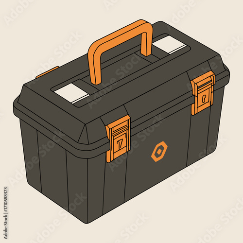 Modern dark toolbox with vibrant orange handle and latches, ready for any repair project