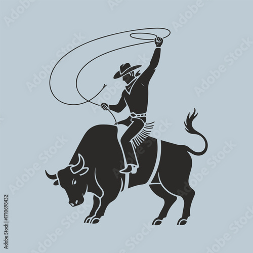 A dynamic graphic illustration of a rodeo cowboy riding a powerful bucking bull while swinging a lasso