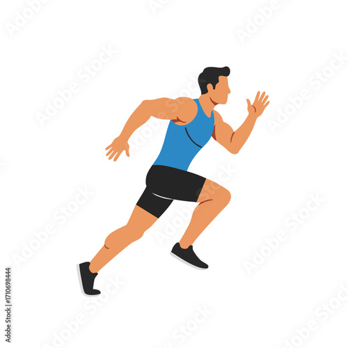 A determined male athlete sprints forward with powerful strides, embodying speed, fitness, and an active lifestyle against a clean white background.