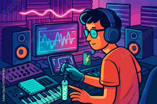 Sound engineer in a futuristic studio mixing and producing music, a modern audio production vector illustration.