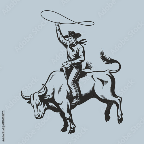 Vintage Rodeo Cowboy Riding a Bucking Bull Illustration