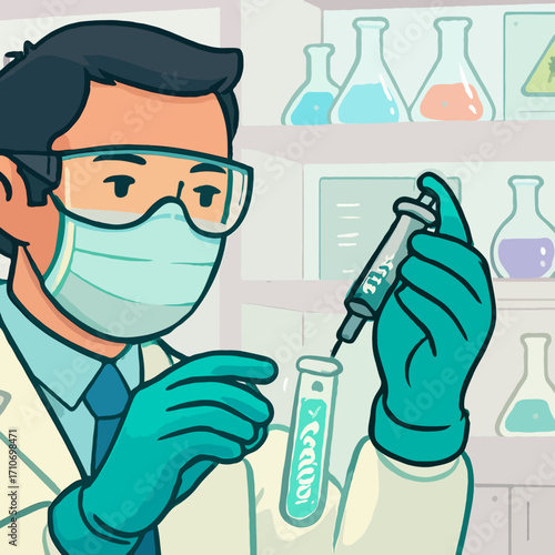 Medical scientist in a mask and gloves, using a syringe to inject a substance into a test tube.