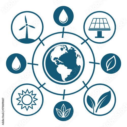 Flat vector infographic, central earth globe icon, surrounding leaf, water drop, solar panel, wind turbine icons, clean eco theme.