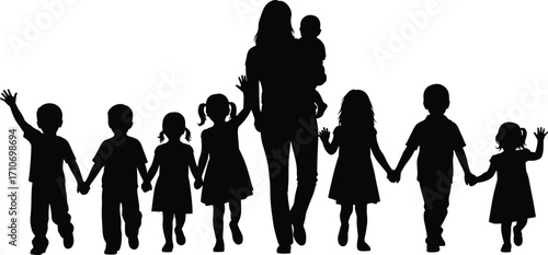 Caregiver and children silhouette vector — walking group with raised hands, black design symbolizing unity, childhood, and nurturing support