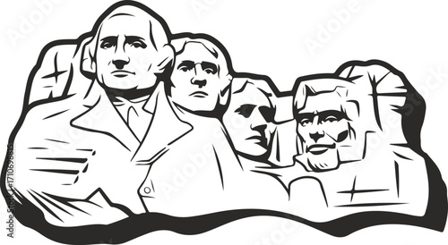 Black and white line art illustration of a famous American mountain sculpture memorial
