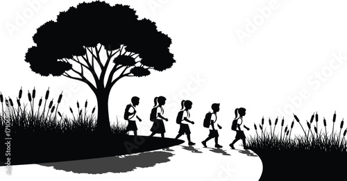 Children walking silhouette vector — school backpacks, curved path, tree, grass, cattails, nature scene in peaceful black outdoor design
