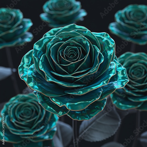 Teal metallic roses close up