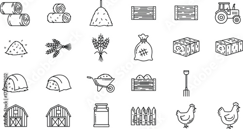 Farm icon vector set — hay bales, tractor, crates, grain, wheat, barn, pitchfork, chickens, rural agriculture design