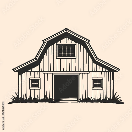 Vintage Barn Illustration with Grass and Detailed Wood Grain Texture
