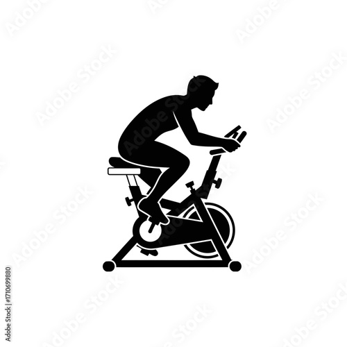 Powerful silhouette of man cycling, indoor cycling class for fitness and health, workout motivation