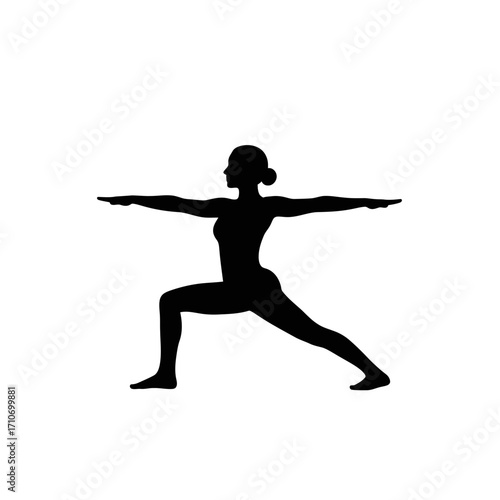 Empowered woman silhouette practicing yoga warrior pose for fitness and wellness journey