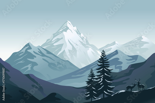  illustration of snowy mountains with tall pine trees and two deer standing on a hill in the foreground in winter landscape.