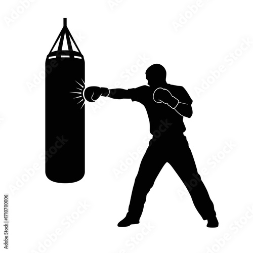 Dynamic silhouette of powerful boxer training hard with punching bag for fitness and strength