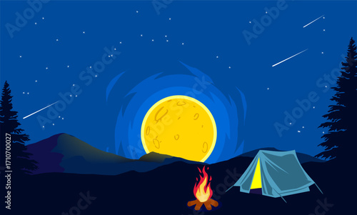 A lively cartoon illustration of a camping scene at night, featuring a small tent with a warm glow, a bonfire, and a moon with shooting stars in the background.

