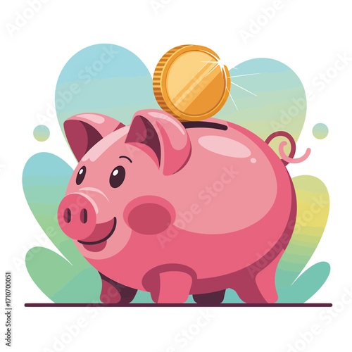 Cute Piggy Bank with Coin Falling Inside Cartoon Vector