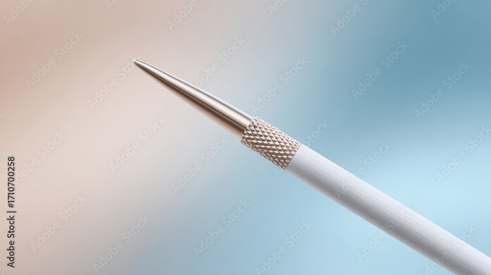 Naklejka premium Artistic close-up of a smooth white knitting needle with metallic tip creative workspace macro photography serene background