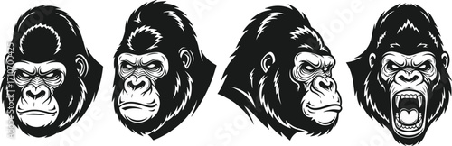Gorilla head silhouette vector set — four black illustrations with varied expressions, from stern to roaring, for bold character design