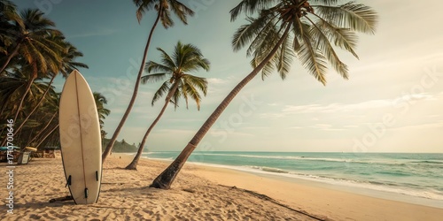Fototapeta Naklejka Na Ścianę i Meble -  Surfboard leans against palm trees on a tropical beach with ocean waves and sandy shore