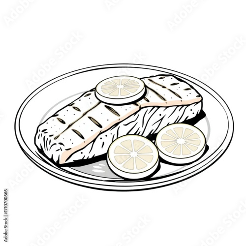 Grilled salmon fillet with lemon slices on a ceramic plate