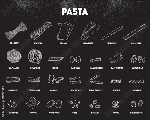 Traditional Italian pasta sketch collection. Italian food. Staple food. Hand drawn vector illustration. Design elements for packaging, menu. Not AI