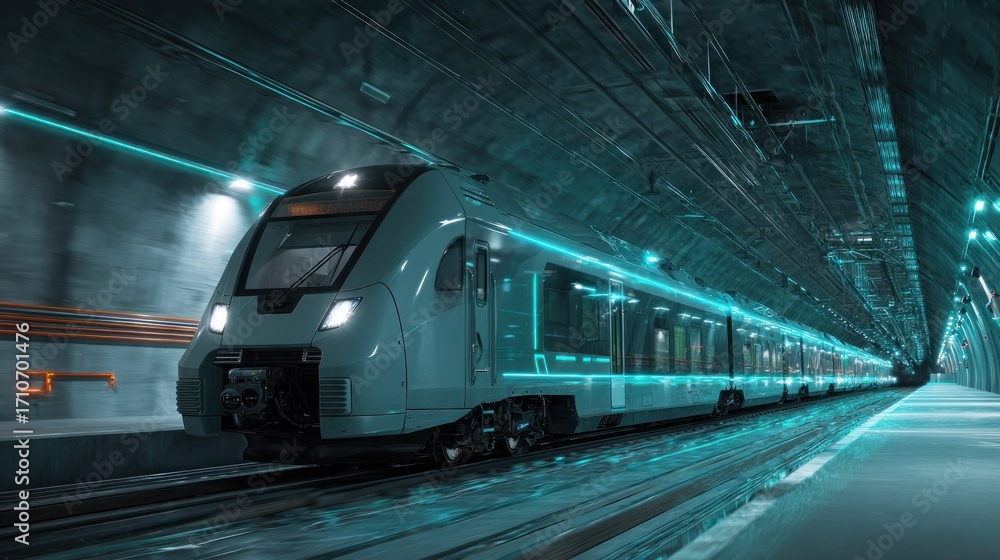 Naklejka premium Modern train inside futuristic tunnel
