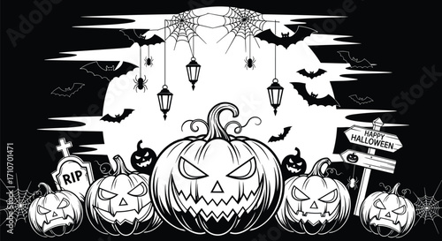Halloween graveyard scene vector — spooky pumpkins, RIP tombstone, bats, spiders, lanterns, foggy sky, cobwebs, and festive signboard