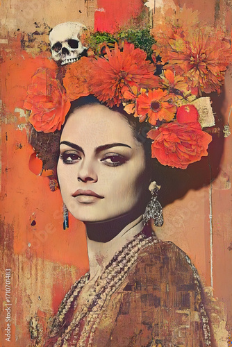 Surreal artistic portraits of woman combined with skulls and vibrant flowers, symbolizing life, death, and rebirth in a bold Day of the Dead inspired design with butterflies, floral patterns, and expr