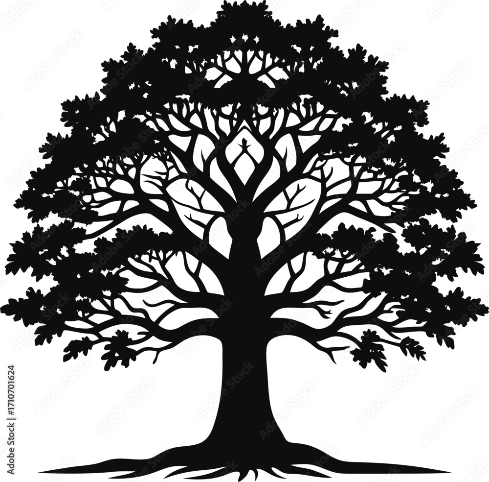 Obraz premium Minimalist Black Silhouette of Oak Tree with Wide Branches on White Background