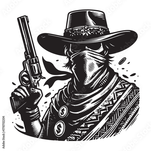 Gangster with gun illustration, vintage mafia man in hat, retro crime vector artwork