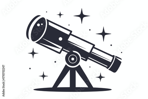 Monochromatic telescope points towards twinkling stars, set against a clean white background
